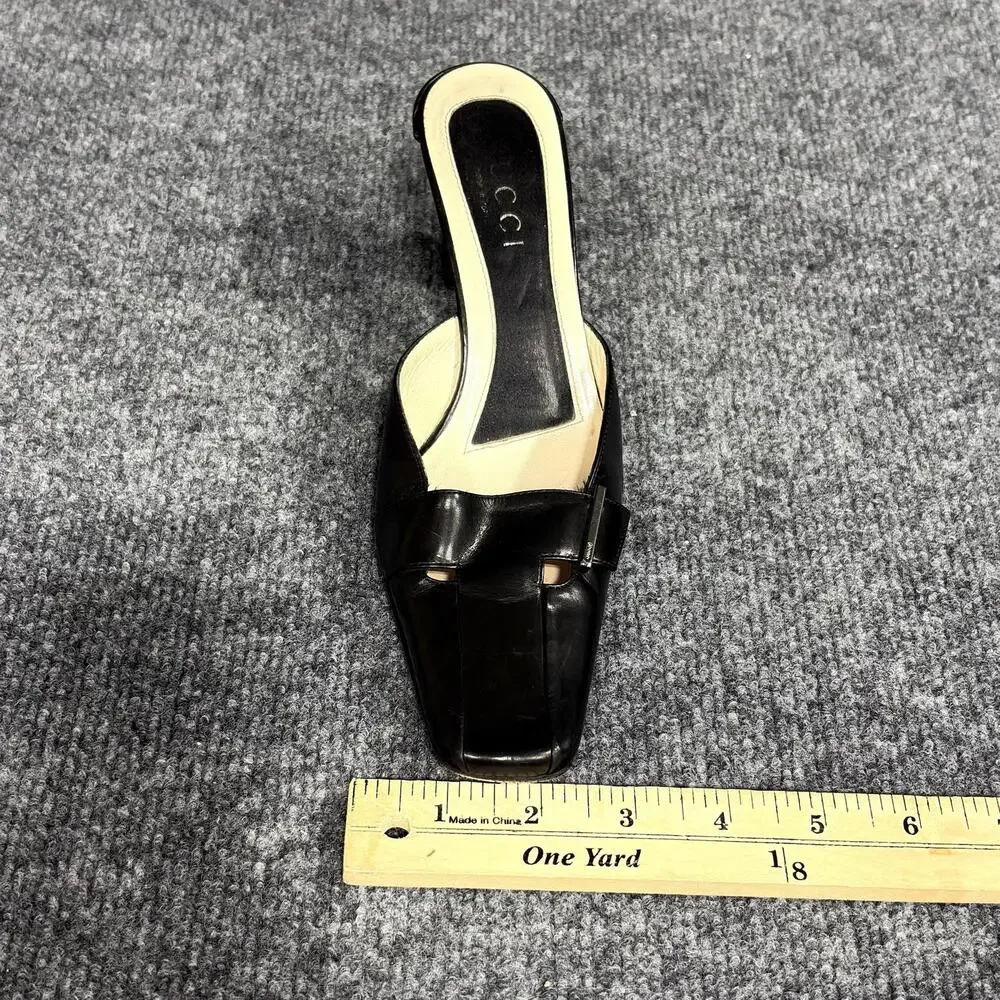 Vintage Gucci Shoes Womens 6 Black Leather Square Toe Cutout Mule Slides Y2K